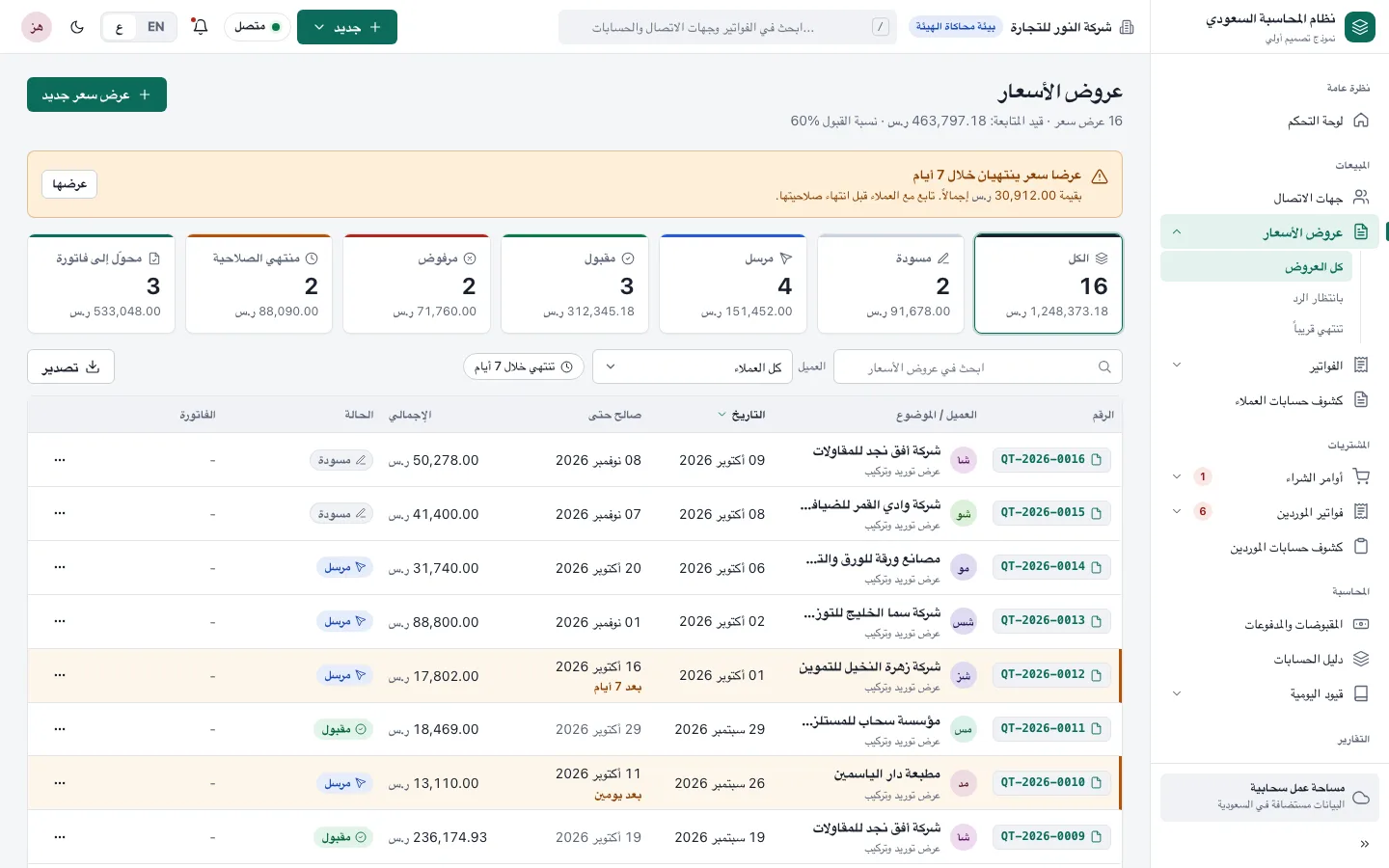 قائمة عروض الأسعار مع حالة كل عرض (نموذج تصميم، بيانات تجريبية)